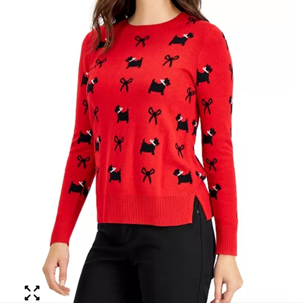 Charter Club Red Petite Scottie Dog & Bow-Print Sweater